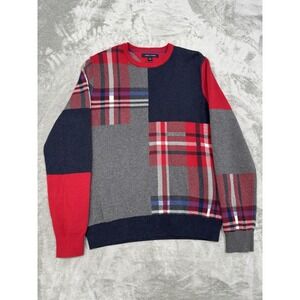 Tommy Hilfiger Sweater Mens Medium Red Navy Blue Plaid Shirt 100% Cotton Golf